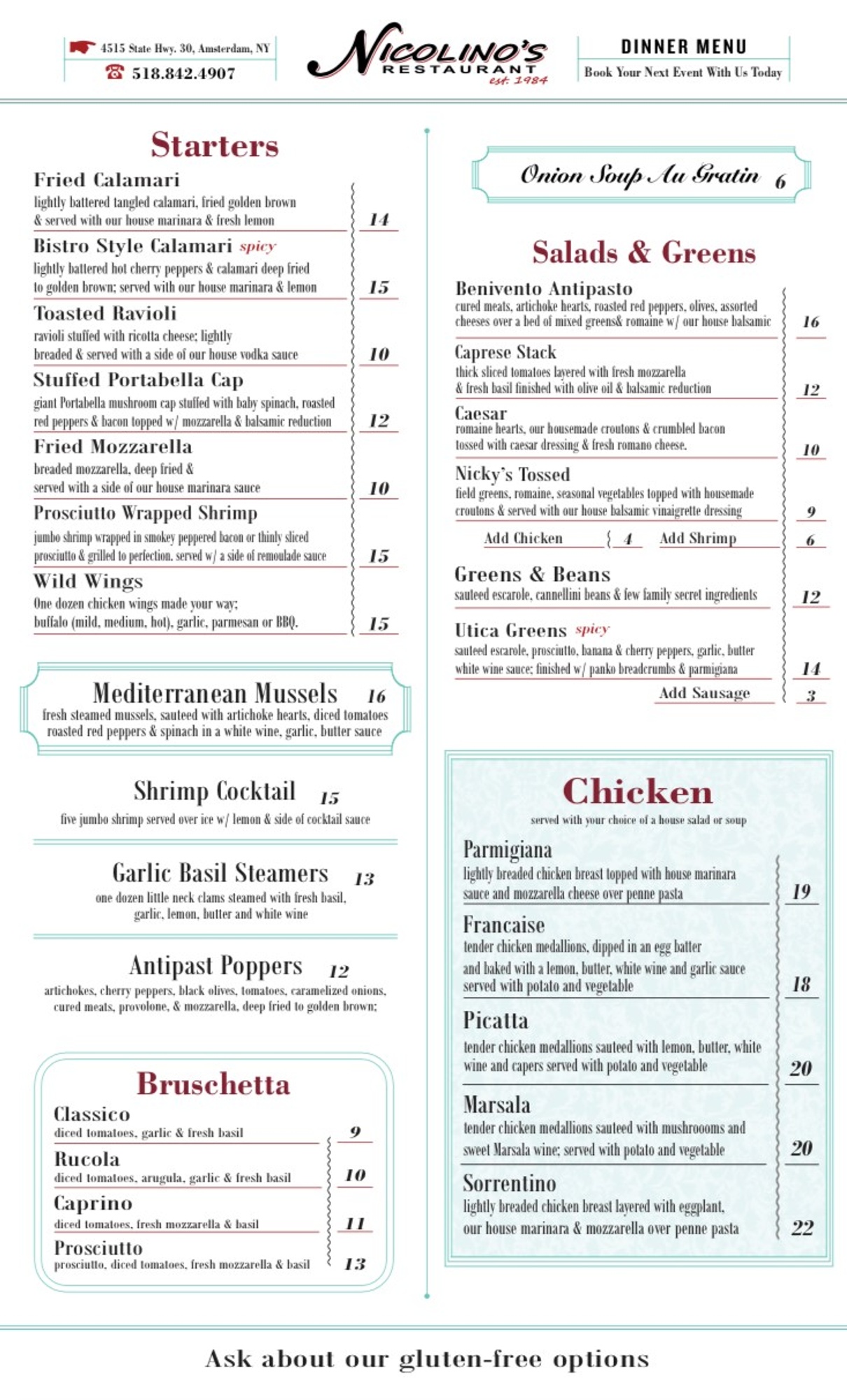 Menu Nicolino's Restaurant